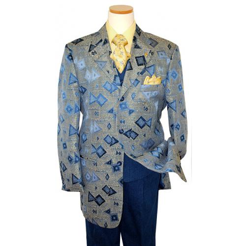 Falcone Navy Blue/Gold Lurex With Geometric Design Super 100's Vested Denim Suit